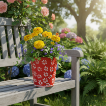 daiktų Raudonas ir baltas metalinis gėlių vazonas, Ø12,5 cm, aukštis 11,5 cm