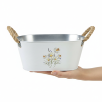 daiktų Dekoratyvinis ovalus metalinis dubuo, baltas, su natūraliais gėlių raštais, L26cm