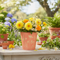 daiktų Gėlių vazonas su gėlių dekoracija, abrikosų geltonumo, Ø10,5 cm, aukštis 10,5 cm