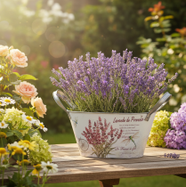 daiktų Ovalus metalinis gėlių dubuo su rankenomis, levandų spalvos, 32 × 15 × 15 cm