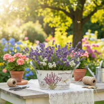 daiktų Ovalus metalinis gėlių dubuo su rankenomis, levandų spalvos, 26 × 13 × 14,5 cm