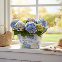 daiktų Gėlių dubuo su rankenėlėmis, hortenzijos raštas, metalinis, 26 × 13 × 14,5 cm