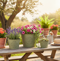 daiktų Metalinis gėlių vazonas, žalias, vintažinis, Ø22cm–13,5cm, 3 vnt. rinkinys