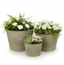 daiktų Metalinis gėlių vazonas, žalias, vintažinis, Ø22cm–13,5cm, 3 vnt. rinkinys