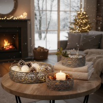 daiktų Dekoratyvinis metalinis dubuo, pilkai baltas raštas, Ø16/19,5/23,5 cm, 3 vnt. rinkinys