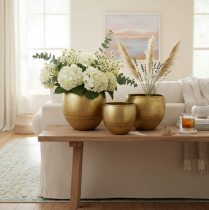 daiktų Dekoratyvinės vazos, žalvario imitacijos, metalinės vazos, Ø18/15/12,5 cm, 3 vnt. rinkinys