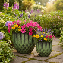 daiktų Vintažinis metalinis gėlių vazonas, žalias, Ø14/12 cm, 2 vnt. rinkinys