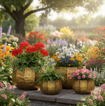 daiktų Metalinis dekoratyvinis gėlių vazonas, žalvaris, Ø22/18/14cm, 3 vnt. rinkinys