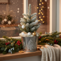 daiktų Metalinis vazonas su blizgančiomis eglėmis, 13 cm