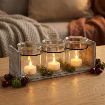 daiktų Kaimiško stiklo taros rinkinys pilkame ir baltame mediniame stove - 27,5x9x11 cm - Universalus laikymo ir dekoratyvus sprendimas