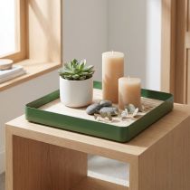 daiktų Dekoratyvinis padėklas metalinis kvadratinis žalias medinis pagrindas 25,5 × 25,5 cm