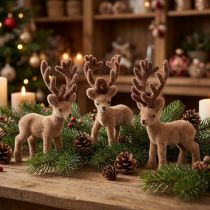 daiktų Deco elnias mini rudas flokuotas 11cm 6 vnt