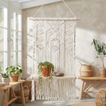 daiktų Boho makrame augalų pakaba, pakabinama dekoracija, lango dekoracija su gėlių sūpuokle, 40x15 cm, natūralios baltos spalvos