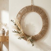 daiktų Vasarinė sienų dekoracija, bohemiško stiliaus, džiutas ir metalas, Ø49cm, kabanti dekoracija, džiovintų gėlių vainikas, vintažinis stilius