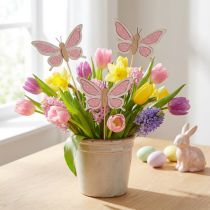 daiktų Rožinės drugelio deko lazdos medinės 7,5cm 28cm 12vnt