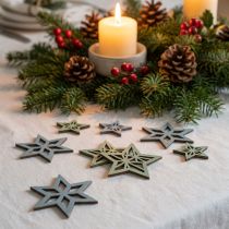 daiktų Deco žvaigždės medinės mėlynos, žalios medinės žvaigždės Kalėdinės 4cm mix 36vnt