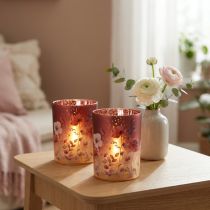 daiktų Dekoratyvinis stiklinis žibintas su gėlių raštu elegantiškam namų akcentui, 12,5 cm, 2 vnt.