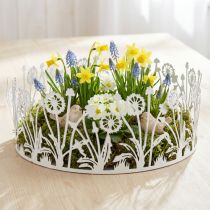 daiktų Dekoratyvinis padėklas su kiaulpienėmis, metalinė puošmena pavasario baltumui, sidabrinė shabby chic Ø25cm H10.5cm