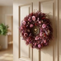 daiktų Gėlių vainikas, džiovintų gėlių vainikas, vyno raudonumo, rožinis, Ø25cm