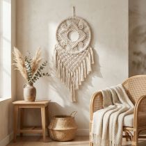 daiktų Makramė, sapnų gaudyklė, kreminės spalvos, boho stiliaus sienos dekoracija, rankų darbo, 29 × 72 cm, svetainei ir miegamajam.