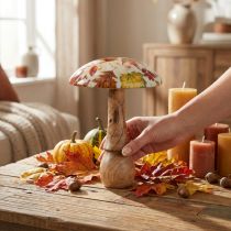 daiktų Mediniai grybų deko rudens lapai balti, spalvinga rudens puošmena Ø13cm H19cm