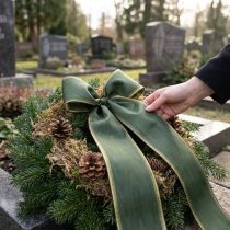 daiktų Elegantiška tamsiai žalia muaro vainiko juostelė, 125 mm su auksiniu perlų kraštu, gedulo juostelė, vestuvių dekoracija, kaspino juostelė