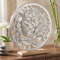 daiktų Dekoratyvinis žiedas metalinis medinis pagrindas sidabrinis lotoso koi papuošalas Ø32cm