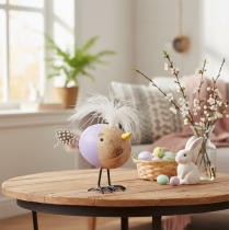 daiktų Dekoratyvinis medinis paukštis su plunksnomis ir spalvingu kūnu stalo dekoravimui, 10 cm, 6 vnt.