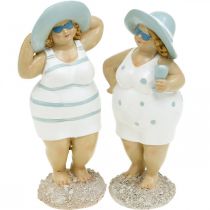 Dekoratyvinė damų figūrėlė paplūdimyje, vasaros puošmena, maudymosi figūrėlės su kepure mėlyna/balta H15/15,5cm rinkinys iš 2 vnt.