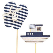 daiktų Garden Stake Maritime medinės šlepetės Valtis Mėlyna Balta 8cm 12 vnt