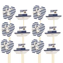 daiktų Garden Stake Maritime medinės šlepetės Valtis Mėlyna Balta 8cm 12 vnt