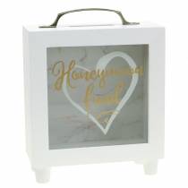 Vestuvių pinigų dėžutė &quot;Honeymoon Fund&quot; medinė su stiklu priekiu balta H15m