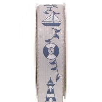 Dovanų juostelė jūrinė dekoracija austa juostelė mėlyna, pilka 25mm 18m