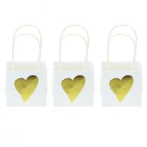 Dovanų maišeliai su širdelėmis ir rankenomis balto aukso 10,5cm 12vnt