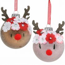 Kalėdų eglutės kamuolys, elnias su gėlių vainiku, advento puošmena, eglutės papuošimai rudi, rožinis tikras stiklas Ø8cm 2vnt.
