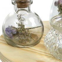 Vazų komplektas ant medinio padėklo, stalo puošmena džiovintomis gėlėmis, žibintas natūralus, skaidrus Ø18cm