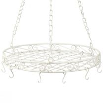 daiktų Pakabinamas dekoratyvinis metalinis padėklas su kabliukais baltos spalvos Ø29,5cm H55cm