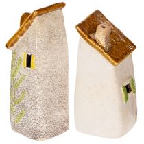 daiktų Kaimiško stiliaus keraminis namelis su ryškia LED lempute, idealiai tinkantis kaip atmosferinė stalo puošmena, 15 cm, 2 vnt.