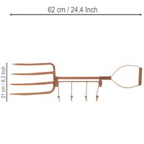 daiktų Surūdijęs metalinis kabliukų laikiklis, dekoratyvinės šieno šakės, sodo puošmena, 4 kabliukai, 62 cm