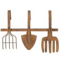 daiktų Kabliukas sodo įrankiams, sodo dekoracijoms, grėbliui, kastuvui ir kauptukui; metalinė paltų kabykla iš surūdijusio metalo, 33,5 cm