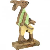 Velykų zuikis su vaikučiu, pavasarinė puošmena iš medžio, triušio tėvas, Velykinė gamta, žalia, geltona H22cm