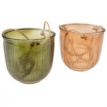 daiktų Pakabinamas vazonas stiklinis dekoratyvinis stiklinis puodas retro žalia ruda 14,5cm 2vnt