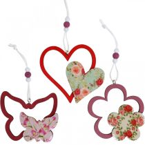 daiktų Pavasarinis pakabukas, drugelio širdelės gėlė, medinė dekoracija su gėlių raštu H8.5/9/7.5cm 6vnt.