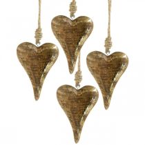 Medinės širdelės su aukso dekoru, mango mediena, dekoratyviniai pakabukai 10cm × 7cm 8vnt