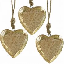 Širdelės pakabinamos, mango mediena, medžio apdaila su aukso efektu 8,5cm × 8cm 6vnt