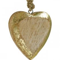 Širdelės pakabinamos, mango mediena, medžio apdaila su aukso efektu 8,5cm × 8cm 6vnt