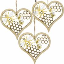 Dekoratyvinė širdelės bitės geltona, auksinė medinė širdelė pakabinti vasaros dekoracijai 6vnt