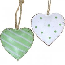 Metalinės širdelės pakabinimui, Valentino diena, pavasario puošmena, širdelės pakabukas žalias, baltas H3,5cm 10vnt.