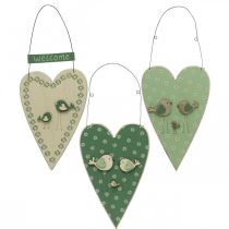 Širdelė pakabinama, medinė puošmena su paukšteliais, durų apdaila, pavasario žalia, geltona H22cm rinkinys 3 vnt