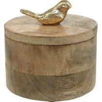 Papuošalų dėžutė su paukščiuku, spyruoklė, deko dėžutė iš mango medienos, tikros medienos natūrali, auksinė H11cm Ø12cm